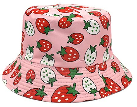Bucket Hats Erdbeer-Print Fischerhut Wear Cap Unisex Outdoor Party für Frauen Sommerhut Fischerhut (Pink, M)