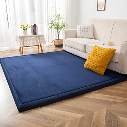 BYBYME® Verdickung Korallen Samtmatte Kinderteppich - Extra Dicke 3cm rutschfeste Kinder Weiche Krabbelmatte - als Krabbeldecke Baby Spielmatte (Dunkelblau, 200×200cm)