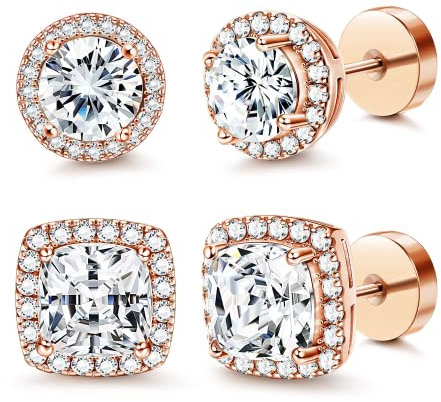 Morfetto 14K Flache Rückseite Runde Quadratische Ohrstecker für Männer Frauen Große Große Zirkonia Ohrstecker Herren Ohrringe Flatback Ohrringe RoseGolden