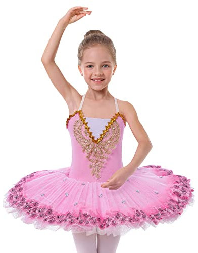 IBAKOM Girls Ballet Dance Dress Swan Lake Sling Strap Lace Pearl Embroidery Camisole Gymnastic Leotard Tutu Costume Figure Skating Dancewear Ballerina Outfit Light Pink 11-12 Years