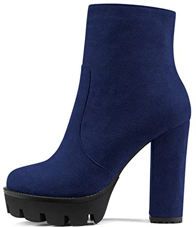NobleOnly Donna Chunky Blocco Alto High Piattaforma Tacco Heel Rotonda Punta Stivaletti Cerniera Feste Classico Stivali Blu Navy 37 EU