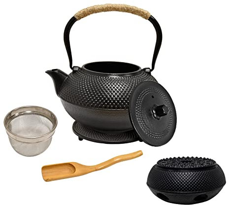 AD.CON Teekanne aus Gusseisen, Japanische Teekanne, Gusseisen Teekanne mit Sieb aus Edelstahl, Schwarz, 1.4L