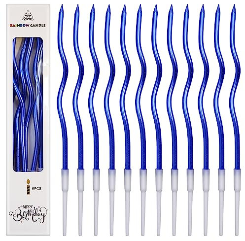 12 Birthday Candles Metallic, 16CM Long Thin Cupcake Candles Topper, Blue Cake Candle with Holders, Spiral Candle for Wedding Baby Party Cake Decorations