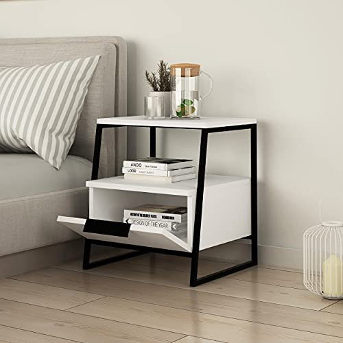 Nachttisch mit 1 Schublade und 1 offenem Stauraum| vielseitiger Bedside Table als Sofa Side Table mit Stauraum| moderne Metallbeine für Schlafzimmer| Wohnzimmer und Büro| 40 x 50 cm (Weiß)