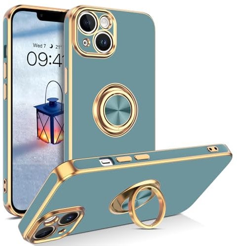 GUAGUA iPhone 14 Case,iPhone 14 Phone Case with 360° Ring Holder Slim Support Magnetic Car Mount Kickstand Shockproof Protective Women Men Phone Cover for iPhone 14 6.1 inch, 2022, Blue Gray/Gold