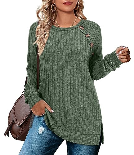 Aokosor Long Sleeve Tops Women Lightweight Jumpers Ladies Button Side Splits Tunic Green Size 10-12 St Patricks Day Outfits