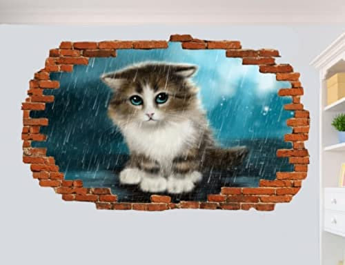 Wanddeko Rain Little Cute Kitten Wall Sticker 3D Smashed Room Decoration Decal Mural 80x120cm