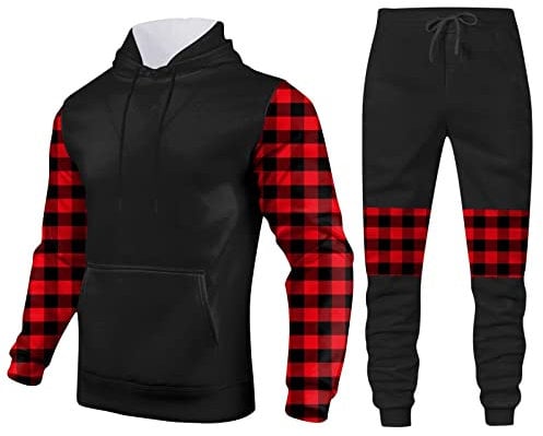 Trainingsanzug Herren, Jogginganzug Herren Sportanzug Freizeitanzug Fitnessanzug Männer Jogginganzug Baumwolle Casual Sport Plaid Hoodie Sweatshirt + Traininghose Tracksuit Set
