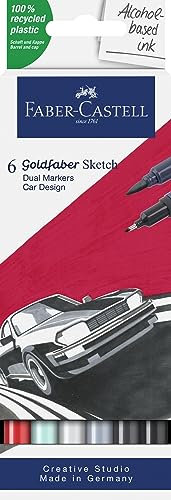 Faber-Castell 164813 - Goldfaber Sketch Marker Autodesign, 6er Etui Alkohol Marker mit Brush Spitze und Fineliner Spitze
