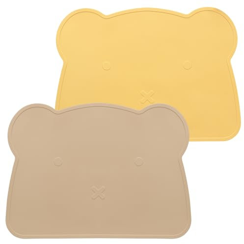 MOJINL Kinder Platzset Bär, Baby Silikon Platzdeckchen Abwaschbar, Rutschfestes Kinder Tischset, BPA Frei Schmutzabweisende Tischunterlage für Kinder und Kleinkinder (Gelb Khaki)