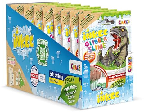 INKEE Bath Slime Dino 8er Set - Bade-Glibber Schleim mit Vitamin E, neon-grünes Badepulver mit Cola Gummies Aroma, komplettes Verkaufsdisplay 8X 100g Schleimpulver