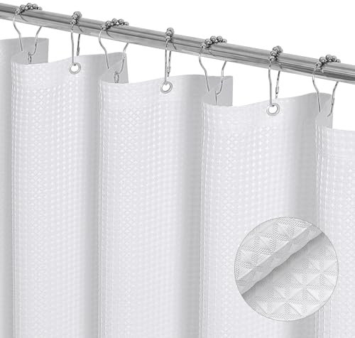 MitoVilla Long rideau de douche en tissu gaufré blanc de 183 x 198 cm, rideau de douche moderne pour décoration de salle de bain, hôtel de luxe, 198 cm de long
