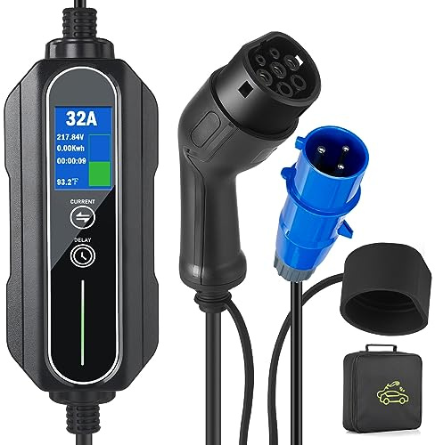 veco chajor Portable Type 2 Charging Cable 3 PIN CEE 32A 7.2KW Model 2 Adjustable Timing Delay Funtion Current 10A/16A/20A/24A/32A, IP65 Max Waterproof level With Bag