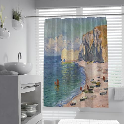 UERWOWELL Seaside Beach Scenery Shower Curtain Monet Bathroom Accessories Waterproof Machine Washable Bathtub Curtains with Hooks 90x180 cm