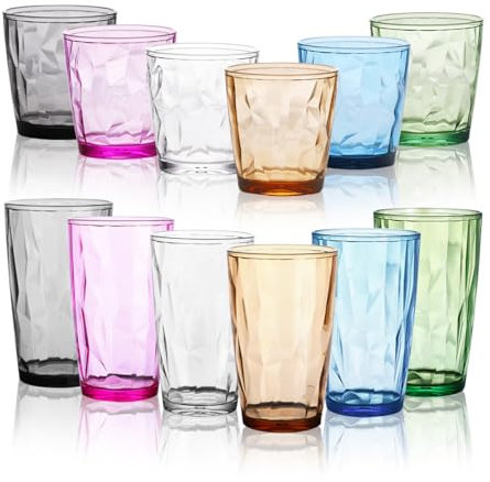 TIE-DailyNec 12 PCS Wassergläser Set, 470ml und 310ml Bunte Trinkgläser aus Kunststoff, Kristallglas-Optik Saftgläser, Unzerbrechliche Drinking Glass, Stapelbar Camping Gläser für Picknicks, Partys