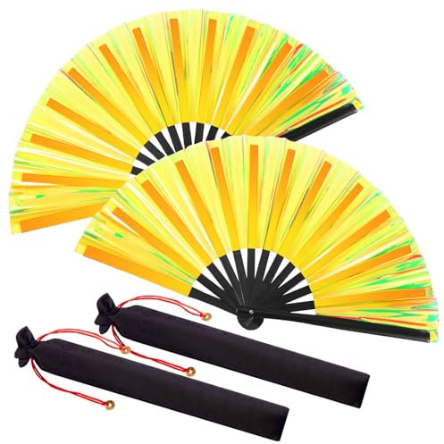 Maitys Large Rave Fan Clap Fans for Line Dancing Large Holographic Folding Hand Fans for Men and Women, Festival, Tai Ji, Kungfu, Martial Art, Gifts, Party(Laser Gold,2 Packs)