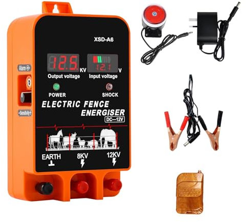 Electric Fence Energiser, 3.5 Joules 6.2 Miles,Input 12V Output 8 KV or 12KV, with Remote Control, High Voltage Pulse Controller for Livestock,Large Animals,Horse,Keep Out Predators (With Alarm)