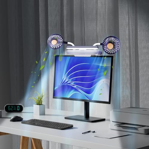 Ventilateur USB à clipser via barre lumineuse LED rabattable - Ventilateur de refroidissement personnel à deux têtes - Ventilateur USB silencieux pour bureau - 3 vitesses de vent - Pour écrans plats