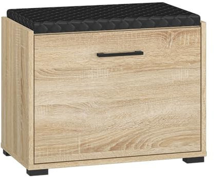 Lomadox Schuhbank Flurbank Garderobenbank Bank Garderobe gepolstert in Eiche hell Sitzpolster schwarz gesteppt 59,8x47,9x33,6 cm
