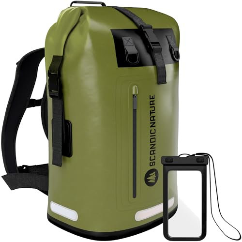 SCANDIC NATURE PIONEER 35L wasserdichter Rucksack oliv-grün mit Rolltop Verschluss - extra robust dank Boden mit 1000D PVC LKW-Plane, 3 Reflektor-Streifen Rollverschluss, wasserfeste IPX8 Handyhülle