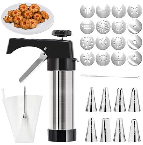 Pressa per Biscotti, Pistola per Dolci In Acciaio Inox Spara Biscotti Professionali con 16 Sagome, 8 Beccucci, Sacchetto in TPU e Spazzola per la Pulizia Pressa per Biscotti per Torte