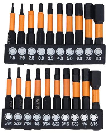 Juego de Brocas Hexagonales, 20 Piezas Juego de Brocas de Llave Allen de Cabeza Hexagonal de Impacto con Vástago de 1/4 Pulg. Juego de Brocas de Acero Aleación Métricas con Barras