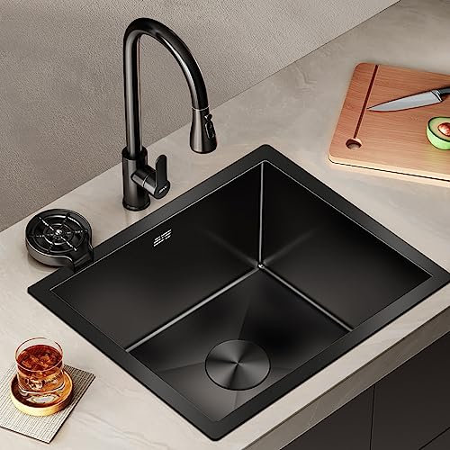 KISYHOLG Fregadero de Cocina de Acero Inoxidable con lavaplatos y Grifo extraíble, Fregadero de preparación bajo encimera Negro, Conjunto de coladores de Cesta, herrajes de Montaje (Color: