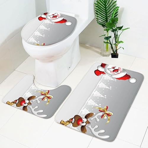 Bad Teppiche Set Graue Rote Weihnachten Badezimmerteppich Waschbar WC Vorleger mit Ausschnitt und WC Deckelbezug 3 Teilig Badematte rutschfest Toilettensitzbezug Badgarnitur 50x80 cm