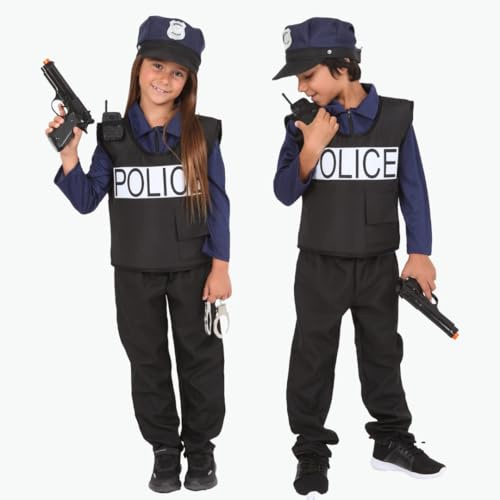 RUBIE'S Polizei-Kostüm für Kinder – Größe 3-10 Jahre – sehr komplettes Kostüm mit Hemd, Hose, Brustpanzer, Mütze, Handschellen, Pistole, Walkie-Talkie – für Karneval, Geburtstag