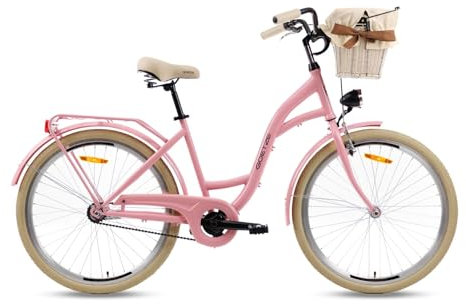 Goetze Style 26 Zoll Damen Citybike, 17 Zoll Tiefeinsteiger Rahmen, 1-Gang Rücktrittbremse, V-Bremse vorne, LED-Beleuchtung, Gepäckträger, Rattankorb, Komfortsattel, mit Ständer & Klingel