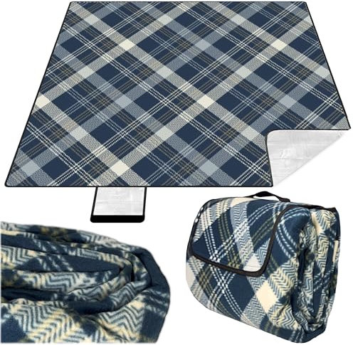 KRUMAD Picknickdecke Wasserdicht, XXL 200x200 cm, Outdoor Decke Gepolstert, Sandfrei, Camping Decke für Strand, Garten & Park, Faltbar mit Tragegriff, Leicht & Bequem (Marineblau-Beige)