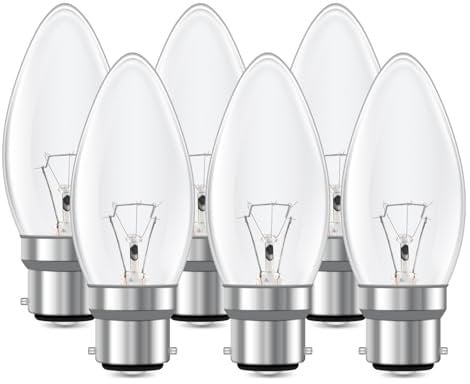 6 Pack B22 Bayonet Clear Candle Light Bulb, Dimmable C35 Candle Bulb, Bayonet Light Bulb, Warm White 2700K, 600 Lumen, AC 220-240V, BC Candle Bulb, for Chandeliers, Desk Lamp, Ceiling Fixture