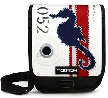 NO FISH Umhängetasche Sail Größe S - Seepferd/dunkelblau mit Überschlag aus original gebrauchtem Segeltuch (Upcycling)