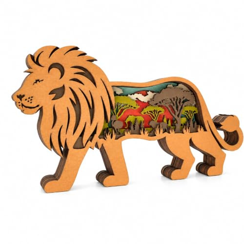 Drawelry 3D Holz Tier Dekofigur Ornamente mit LED Lichterketten Nachtlicht, Mehrschichtige Gepard Eisbär Elch Holzskulptur Geschenk für Wohnzimmer Büro Kinderzimmer Deko (Löwe, Kein Licht)