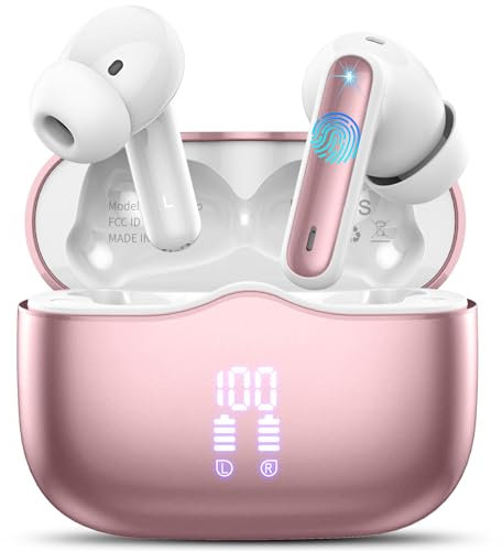 Cuffie Bluetooth 5.4 In Ear, Auricolari Bluetooth Stereo HiFi con 4 ENC Mic Cancellazione Rumore, 40 Ore Cuffie Wireless LED Display, IP7 Impermeabili Cuffiette, Cuffie Senza Fili USB-C, Oro Rosa