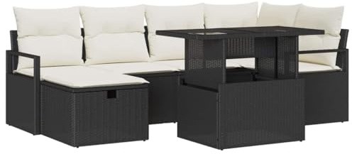 vidaXL Garten-Sofa-Set mit Kissen 7 pcs Schwarz Poly Rattan, Garten und Terrasse, Moderne modulare Sofas, verstellbare Füße, Lounge & Patioset Möbel