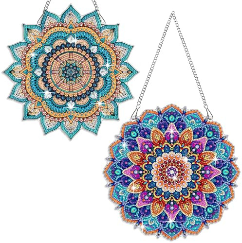 Fokenzary Erwachsenen 5D Diamantmalerei-Set mit Kettenaufhängung Mandala DIY-Sonderedition Kristallstein-Malerei-Dekoration (24*24cm*2 Stück)