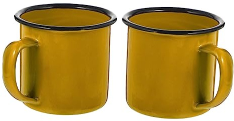 BIUDECO 2Pcs Enamel Mugs Yellow Vintage Camping Cups Lightweight for Coffee Tea Hot Drinks Office Travel Home Use