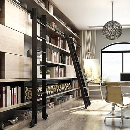 Sliding Library Ladder Hardware Kit - Complete 16ft Track Set with Telescopic Upper Hook Roller Wheels & Brakes - Ideal for Loft Stairs & Bookshelves (No Ladder Included)