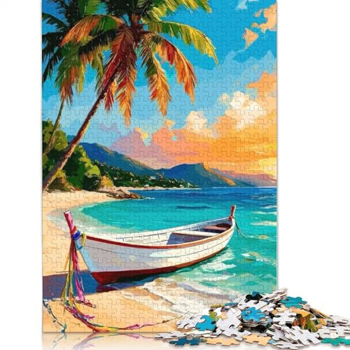 Tropischer Strand mit Boot und Palme, Puzzle für Erwachsene und Jugendliche, 500 Teile, Holzpuzzle, Puzzle für Erwachsene, Puzzle-Geschenke, 500 Teile (52 x 38 cm)