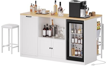 Homiflex - Bar Table with Stools, Kitchen Island 67 Inch with Storage, Breakfast Bar Cabinet with Drop Sheet, Bar Height Table and Chairs, Wine Cabinet, Islands of