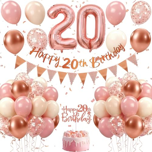 20. Geburtstag Deko Roségold, Luftballon Deko 20. Geburtstag für Jungen und Mädchen, Rosé gold Vintage-Rosa Rose-gold-Pailletten Luftballons Girlande mit Tortendeko für Geburtstagsdeko 20 Jahr