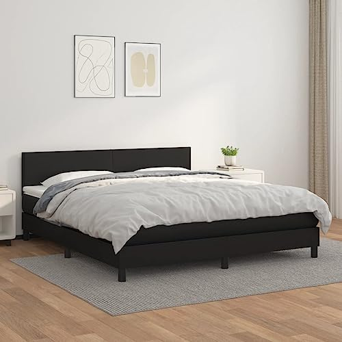 QUAHEAS Boxspringbett 180x200 cm Schwarz, Kunstleder, höhenverstellbares Kopfteil, Taschenfederkernmatratze, mittelfeste Unterstützung, für erholsamen Schlaf