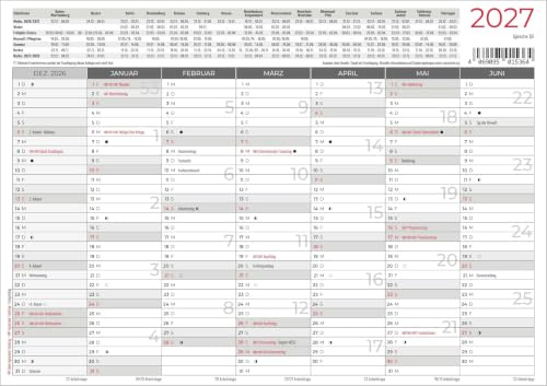 Tafelkalender A5 beidseitig 2027: Jahresübersicht 21x14,8 cm mit 14 Monaten, beidseitig bedruckt, Feiertagen, Ferienterminen & Mondphasen ideal für Büro, Homeoffice & Schule