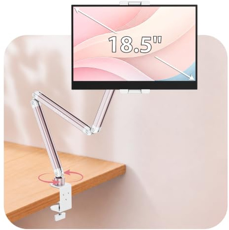 Portable Monitor Stand for Desk, Aluminum Tablet Holder, Three Arm Pink | 360 Degree Swivel Foldable Adjustable Arm for iPhone iPad Pro Tablet Monitor up to 18.5 inch, Home Office Streaming Drawing