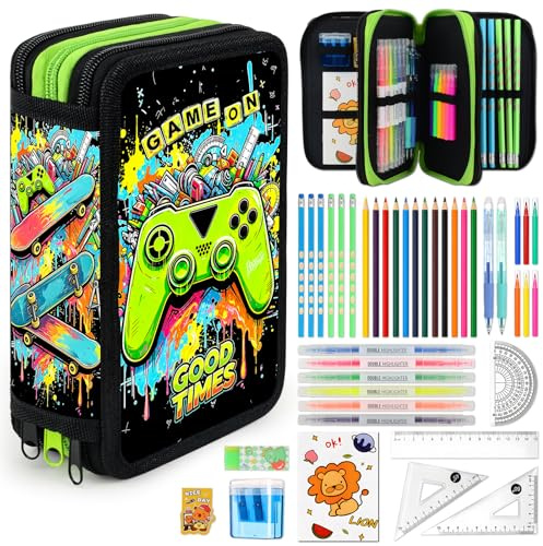 41 Artikel Federmappe Jungen, Federmäppchen 3 Fach Jungen Mäppchen Gefüllt Spiel Set, Federtasche 3 Fächer Einschulung Geschenke für Kinder Schüler mit Radierbaren Stiften, Textmarker, Buntstiften
