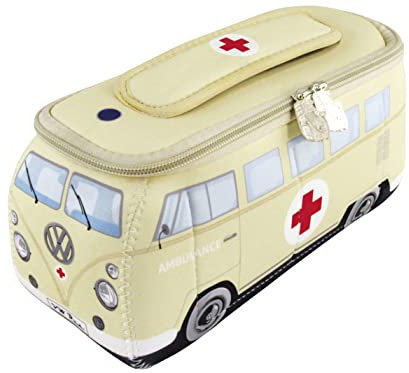 BRISA VW Collection - Volkswagen Neoprene Universal Makeup Cosmetics Toiletry Travel Pharmacy Bag in T1 Bus Design (Ambulance/Beige/Small)