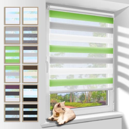 Zarnan Doppelrollo Klemmfix ohne Bohren Grün-grau-weiß 110x140cm(Stoffbreite 106cm) Duo Rollo Blickdicht Zebrarollo Rollos für Fenster ohne Bohren für Wohnzimmer Küche Büro lichtdurchlässig