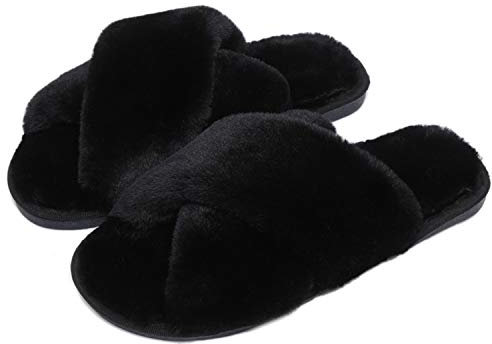 Fadezar Pantofole Peluche Donna Ciabatte da Casa Comode Invernali Moda Scarpe Sandali Slippers Nero EU 39/40