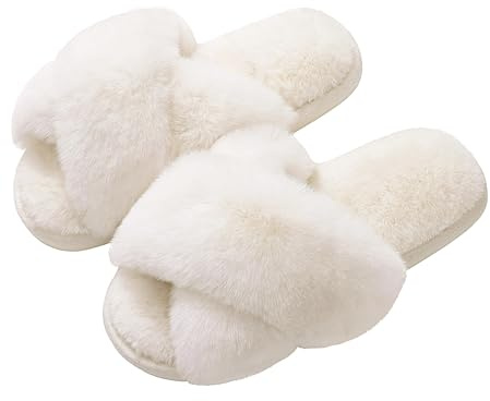 Evshine Women's Fuzzy Slippers Cross Band Memory Foam House Slippers Open Toe Indoor Outdoor Shoes, White, 38-39 (Size 7-8)